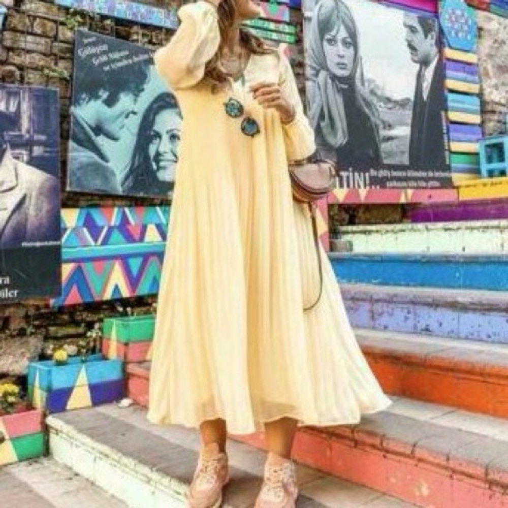 Zara Pleated Midi Midaxi Maxi Butter Yellow Summer Spring Dress - Picture 5 of 6